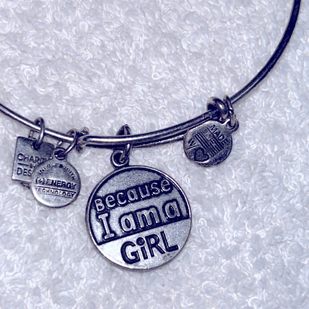 Alex and Ani adjusting bangle in silver with charm “Because I’m a Girl”